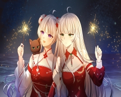 万灵竞记，万灵鼠标，万灵娘，烟花，海边，插画，电脑壁纸 